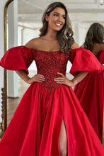 Load image into Gallery viewer, Red A-Line Off The Shoulder Court Train Satin Prom Dress With Split