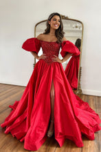 Load image into Gallery viewer, Red A-Line Off The Shoulder Court Train Satin Prom Dress With Split