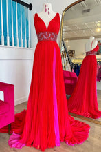 Load image into Gallery viewer, Red A-Line V-Neck Court Train Prom Dress with Beaded Belt and Slit
