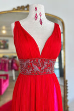 Load image into Gallery viewer, Red A-Line V-Neck Court Train Prom Dress with Beaded Belt and Slit