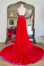 Load image into Gallery viewer, Red A-Line V-Neck Court Train Prom Dress with Beaded Belt and Slit