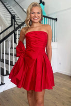 Load image into Gallery viewer, Red A Line Strapless Short Satin Homecoming Dress With Bow-knot