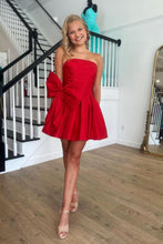 Load image into Gallery viewer, Red A Line Strapless Short Satin Homecoming Dress With Bow-knot