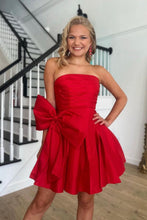 Load image into Gallery viewer, Red A Line Strapless Short Satin Homecoming Dress With Bow-knot