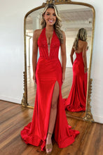 Load image into Gallery viewer, Red Halter Neck Backless Lace Top Long Satin Mermaid Prom Dress with Slit