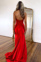 Load image into Gallery viewer, Red Halter Neck Backless Lace Top Long Satin Mermaid Prom Dress with Slit