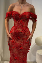 Load image into Gallery viewer, Hot Red Off-Shoulder Lace Mermaid Prom Dress with Floral Appliques