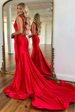 Load image into Gallery viewer, Red Mermaid Straps Keyhole Back Long Satin Prom Dress With Slit