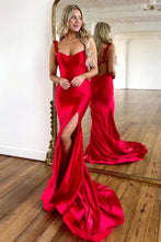 Load image into Gallery viewer, Red Mermaid Straps Keyhole Back Long Satin Prom Dress With Slit