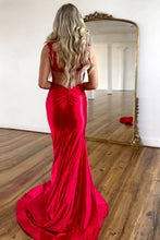 Load image into Gallery viewer, Red Mermaid Straps Keyhole Back Long Satin Prom Dress With Slit