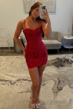 Load image into Gallery viewer, Red Sequin Corset Mini Homecoming Dress with Beaded Straps