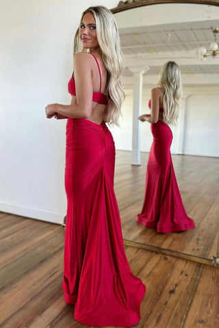 Stylish Mermaid Spaghetti Straps Long Red Satin Prom Dress