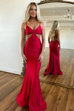 Load image into Gallery viewer, Stylish Mermaid Spaghetti Straps Long Red Satin Prom Dress