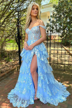 Load image into Gallery viewer, Stunning Glitter A-Line Off The Shoulder Long Tiered Prom Dress With Split