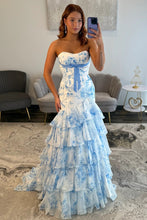 Load image into Gallery viewer, Charming Mermaid Strapless Blue Floral Printed Long Prom Dress with Layered Ruffle