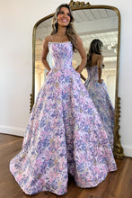 Load image into Gallery viewer, Stunning A Line Strapless Purple Floral Printed Long Prom Dress with Pearls