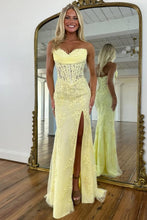 Load image into Gallery viewer, Charming Mermaid Sweetheart Yellow Corset Prom Dress with Appliques