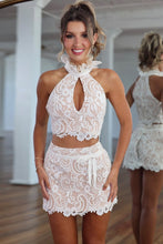 Load image into Gallery viewer, Romantic Floral Lace Two-Piece Homecoming Dress with High Neck and Mini Skirt