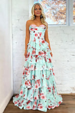 Load image into Gallery viewer, Sweety A Line Sweetheart Floral Print Mint Green Corset Prom Dress with Layered Skirt