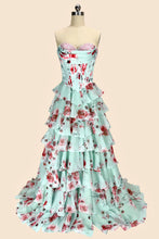 Load image into Gallery viewer, Sweety A Line Sweetheart Floral Print Mint Green Corset Prom Dress with Layered Skirt