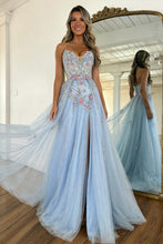Load image into Gallery viewer, Romantic A Line Sweetheart Light Blue Tulle Prom Dress with Flowing Train