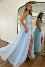 Load image into Gallery viewer, Romantic A Line Sweetheart Light Blue Tulle Prom Dress with Flowing Train