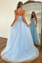 Load image into Gallery viewer, Romantic A Line Sweetheart Light Blue Tulle Prom Dress with Flowing Train