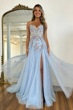 Load image into Gallery viewer, Romantic A Line Sweetheart Light Blue Tulle Prom Dress with Flowing Train
