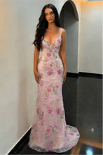 Load image into Gallery viewer, Stunning Mermaid Spaghetti Straps Pink Floral Embroidered Prom Dress with Lace Up Back
