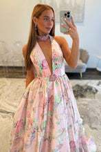Load image into Gallery viewer, Charming A Line Halter Neck Pink Floral Printed Long Prom Dress with Beading