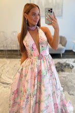Load image into Gallery viewer, Charming A Line Halter Neck Pink Floral Printed Long Prom Dress with Beading