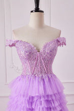 Load image into Gallery viewer, Romantic Purple A-Line Off The Shoulder Lace Top Long Tulle Prom Dress