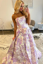Load image into Gallery viewer, Romantic A Line Strapless Purple Floral Printed Long Prom Dress with Bowknot