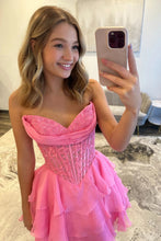 Load image into Gallery viewer, Pretty A Line Sweety Pink Corset Homecoming Dress with Appliques Beading