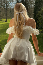 Load image into Gallery viewer, Romantic White Off-the-Shoulder Homecoming Dress with Bow Front and Lace Details