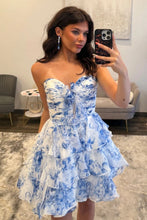 Load image into Gallery viewer, Pretty A Line Sweetheart Yellow Floral Printed Short Homecoming Dress with Ruffles