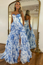 Load image into Gallery viewer, Romantic Pink A-Line Sweetheart Long Print Tulle Prom Dress with Slit