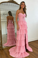 Load image into Gallery viewer, Charming A Line Sweetheart Pink Glitter Corset Prom Dress with High Slit and Ruffles