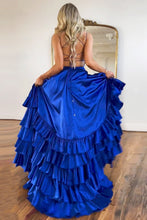 Load image into Gallery viewer, Royal Blue Satin A-Line Lace Up Spaghetti Straps Long Prom Dress With Split