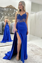 Load image into Gallery viewer, Gorgeous Mermaid Spaghetti Straps Royal Blue Corset Prom Dress with Appliques