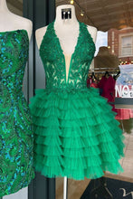 Load image into Gallery viewer, Royal Blue A-Line Halter Short Tulle Homecoming Dress With Appliques