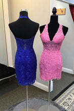 Load image into Gallery viewer, Royal Blue Bodycon Halter Neck Short Lace Homecoming Dress