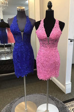 Load image into Gallery viewer, Royal Blue Bodycon Halter Neck Short Lace Homecoming Dress
