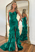 Load image into Gallery viewer, Royal Blue Mermaid Strapless Long Ruffle Satin Prom Dress with Slit