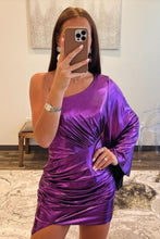 Load image into Gallery viewer, Royal Blue One Shoulder Long Sleeves Short Metallic Homecoming Dress