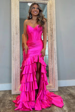 Load image into Gallery viewer, Royal Blue Mermaid Strapless Long Ruffle Satin Prom Dress with Slit