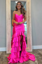 Load image into Gallery viewer, Royal Blue Mermaid Strapless Long Ruffle Satin Prom Dress with Slit
