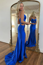 Load image into Gallery viewer, Dark Green Mermaid Spaghetti Straps Cutout Waist Long Satin Prom Dress