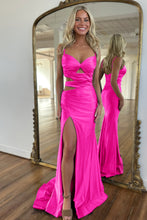 Load image into Gallery viewer, Dark Green Mermaid Spaghetti Straps Cutout Waist Long Satin Prom Dress