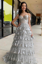 Load image into Gallery viewer, Gorgeous Gold A-Line Off The Shoulder Lace Up Long Prom Dress with Sequin